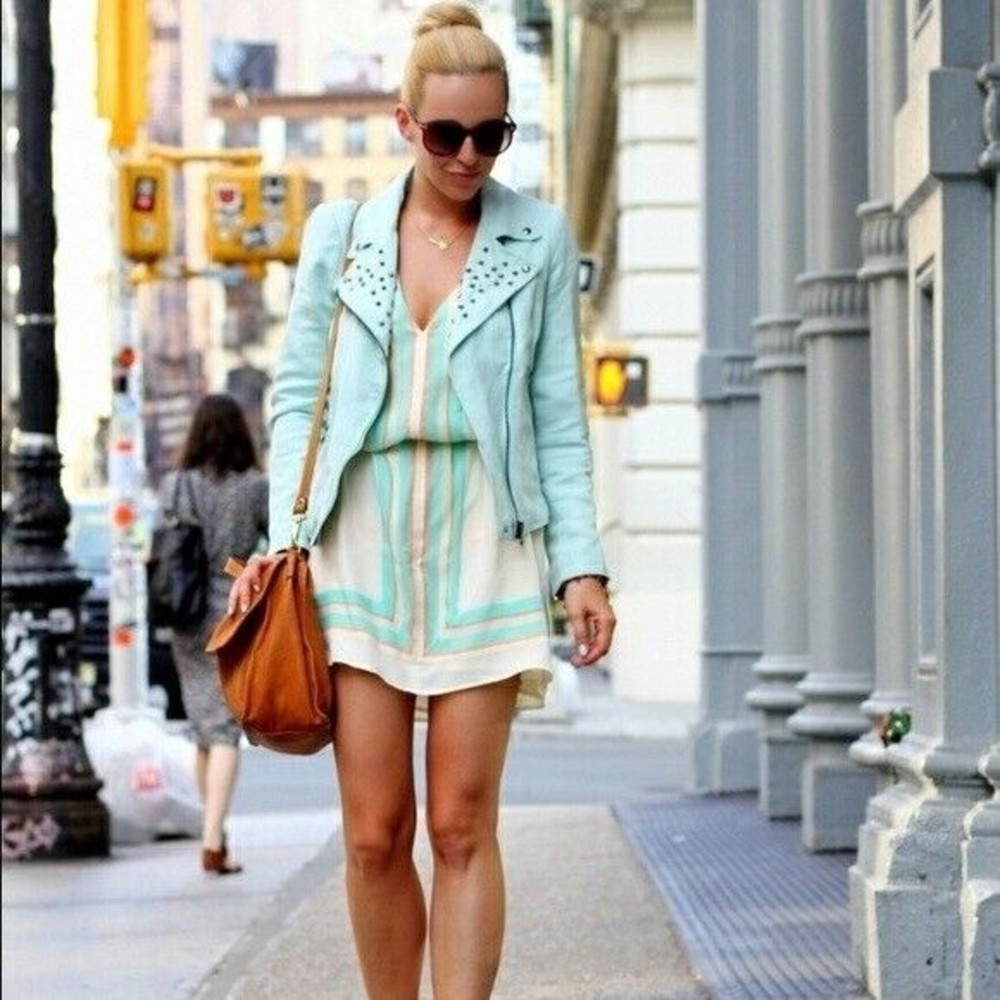 ZARA Linen Blend Mint Green Moto Jacket with Studs Spring / Summer Size XS